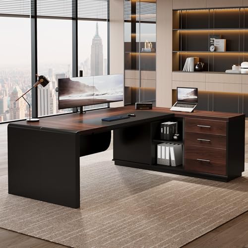 Tribesigns 81'' L-Shaped Executive Desk, Large Modern Office Desk with Drawers and File Cabinet for Home or Business Workspace, Computer Desk with Storage Shelves, Walnut & Black