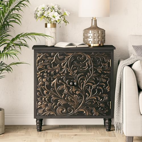 2 Door Farmhouse Storage Cabinet with Embossed Distressed Flower Motif, view 2