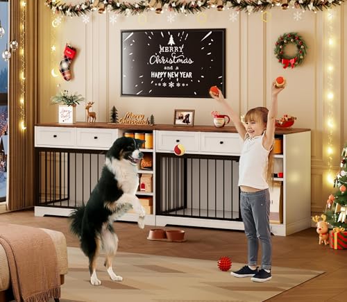 Wooden Dog Crate Furniture, Indoor Dog Kennel TV Stand with Storage, White, view 7