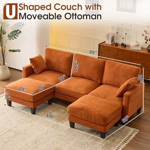 100" W U Shaped Couch with Ottoman, 22" Deep Seat Comfortable Sectional Couches for Living Room, 3 Seater Chenille Fabric Cloud Sofa for Apartment, Small Spaces, Bedroom, Orange