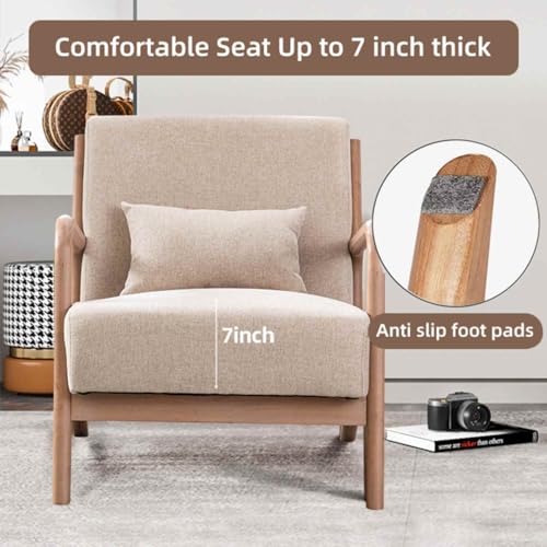 Mid Century Modern Accent Chair with Wood Frame, Upholstered Living Room Chairs with Waist Cushion, Reading Armchair for Bedroom Sunroom (Beige)