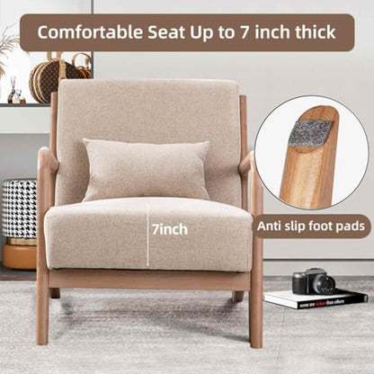Mid Century Modern Accent Chair with Wood Frame, Upholstered Living Room Chairs with Waist Cushion, Reading Armchair for Bedroom Sunroom (Beige)