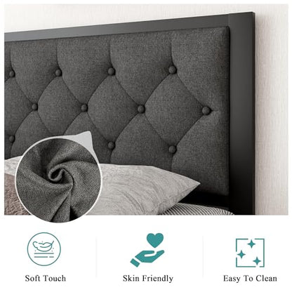 Full Size Metal Bed Frame, Linen Platform Bed Frame with Button Tufted Headboard, view 5