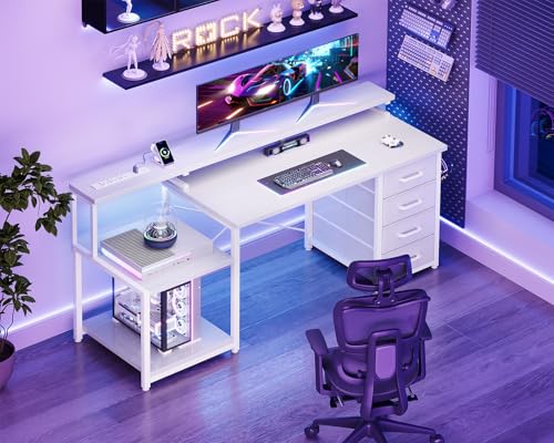 55 Inch Computer Desk with 4 Drawers, Office Desk with Power Outlets, Printer Shelf & Storage Shelves, Large Writing Study Table for Home, Bedroom, Study or Gaming Setup, White