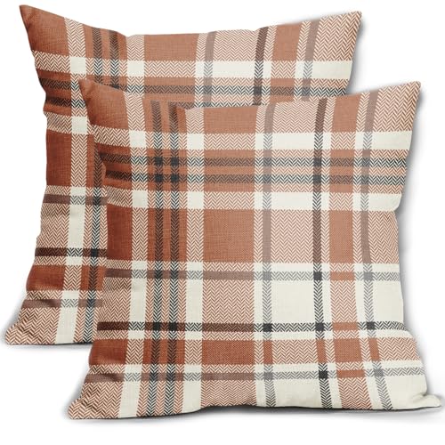 Fall Plaid Pillow Covers 20x20 Set of 2 Burnt Orange Gray Cream Rustic Autumn, view 2