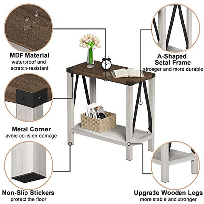 Farmhouse End Table Set of 2, Narrow Side End Table with Storage Shelf, Rustic A-Design Nightstand Sofa Table for Living Room, Bedroom(White&Brown)
