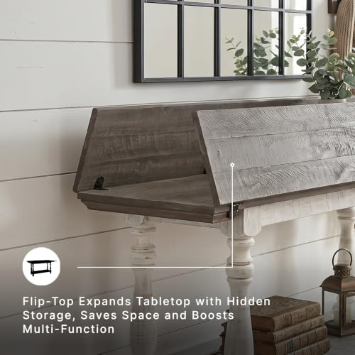 Signature Design by Ashley Havalance Farmhouse Sofa Table, Flip Top Design for Additional Dining Space and Fixed Lower Shelf, Gray & White with Weathered Finish