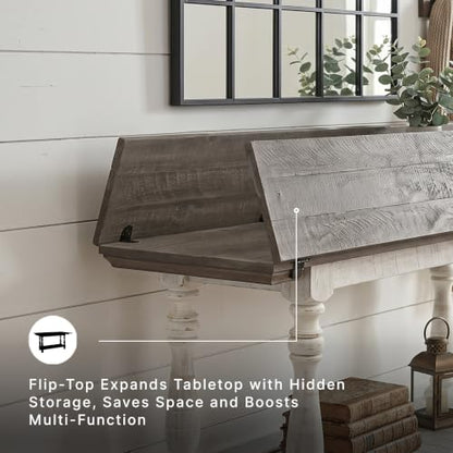 Signature Design by Ashley Havalance Farmhouse Sofa Table, Flip Top Design for Additional Dining Space and Fixed Lower Shelf, Gray & White with Weathered Finish