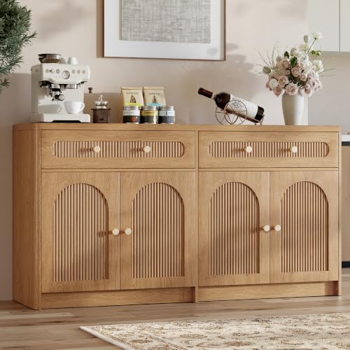 59" W Arched and Fluted Sideboard Buffet Cabinet with Storage, Oak, view 2