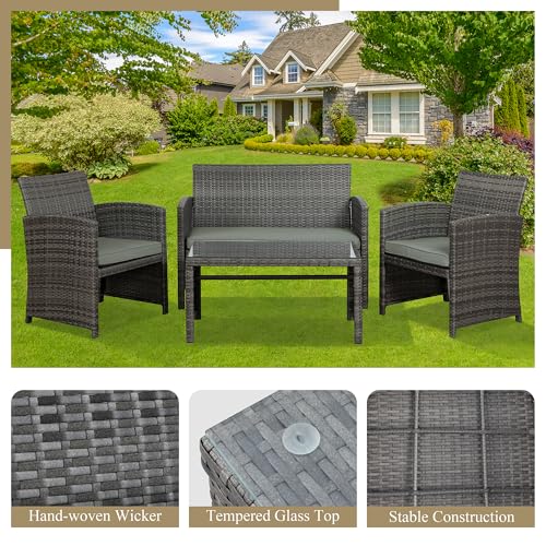 4 Piece Outdoor Patio Furniture Set, Outdoor Wicker Rattan Chairs Conversation Sets with Cushions & Coffee Table for Outside, Garden, Balcony, Porch, Grey
