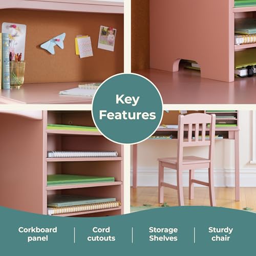 Guidecraft Children’s Media Desk and Chair Set – Pink: Student's Study Computer Workstation with Hutch and Shelves, Wooden Kids Bedroom Furniture
