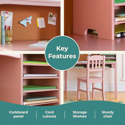 Guidecraft Children’s Media Desk and Chair Set – Pink: Student's Study Computer Workstation with Hutch and Shelves, Wooden Kids Bedroom Furniture