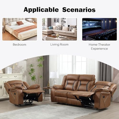 Manual Recliner Sofa Set, Faux Leather Reclining Living Room Furniture Set, Included Recliner Chair and 3 Seat Manual Recline Sofa, Brown