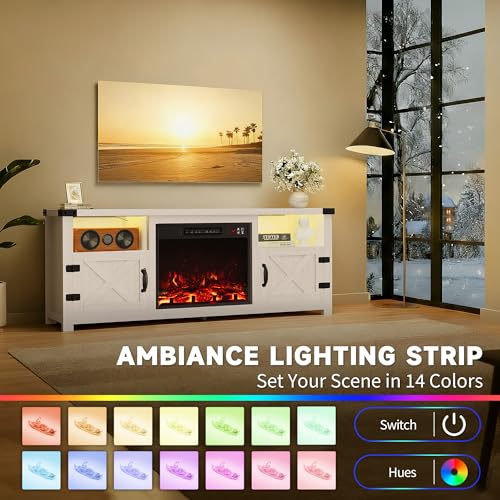 LED Entertainment Center with Fireplace, Fireplace TV Stand with Storage Cabinets and 2 Open Shelves, Modern Media TV Console for Living Room (White)