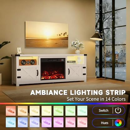 LED Entertainment Center with Fireplace, Fireplace TV Stand with Storage Cabinets and 2 Open Shelves, Modern Media TV Console for Living Room (White)