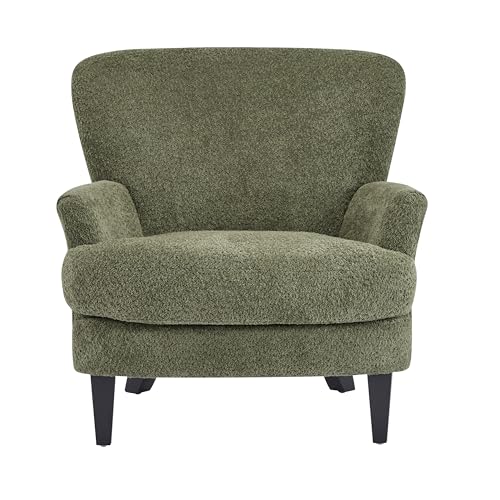 Colby Boucle Upholstered Club Chair, Living Room Accent Chair, Wooden Frame, Flared Armrest, Plush Thick Cushion, Reading Lounge Chair, Space-Saving Furniture, Olive Green