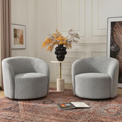 34" W Swivel Barrel Chair Set of 2, Mid Century Modern Round Upholstered Boucle Swivel Accent Chairs, No Assembly Sofa Chair for Living Room Bedroom Reading, Black White