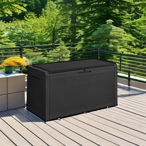 100 Gallon Waterproof Large Resin Deck Box Outdoor Storage Box Indoor Lockable Storage Container with Cushion for Patio Furniture Garden Pool Cushions (Black)