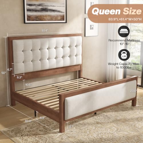 Queen Solid Wood Bed Frame 50" Tall Headboard&Footboard, Walnut, view 3