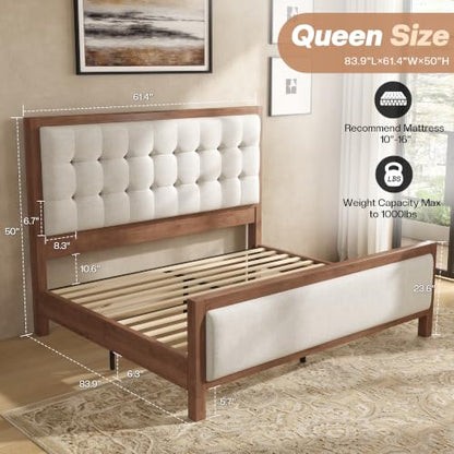 Queen Solid Wood Bed Frame 50" Tall Headboard&Footboard, Walnut, view 3
