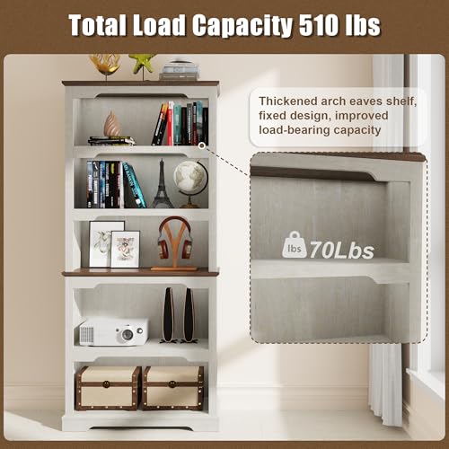 70”Tall White Bookcase Bookshelf, 5-Tier Farmhouse Bookcase Shelves, view 7