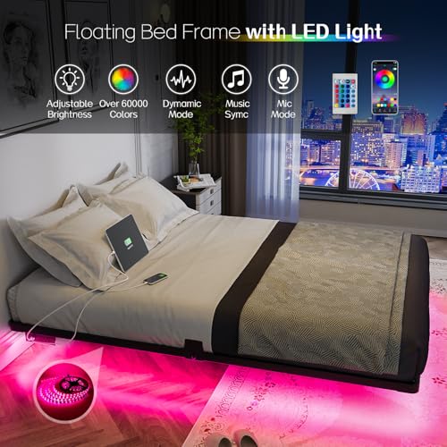 Floating Bed Frame Full Size Metal with LED Light & Charging Station, view 6