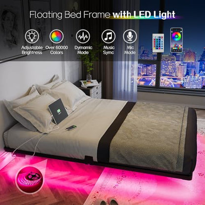 Floating Bed Frame Full Size Metal with LED Light & Charging Station, view 6