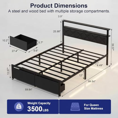 Queen Bed Frame with LED Lights, Charging Station & 2 Storage Drawers, view 3