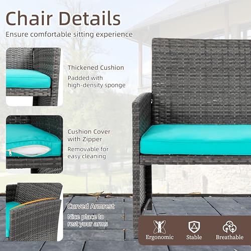 4 Piece Patio Ratten Set Outdoor Furniture Set Wicker Conversation Sets with Cushions and Tempered Glass Tabletop,Blue