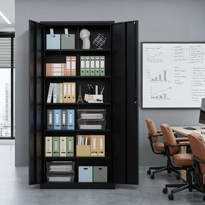 Metal Garage Storage Cabinet with 2 Doors and 5 Adjustable Shelves, 71" Tall Steel Lockable File Cabinet, Locking Tool Cabinets for Home Office Garage Gym School (Black)