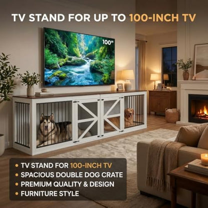 94.5'' Double Dog Crate, Dog Kennel Furniture, TV Stand, White, view 7