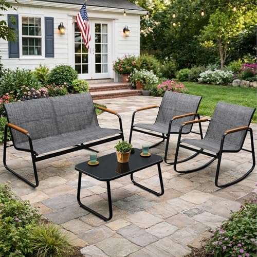 4-Piece Outdoor Patio Furniture Set with Textilene Chairs, Metal Conversation Set, Tempered Glass Coffee Table, Powder-Coated Steel Frame for Garden, Poolside, Backyard Gray