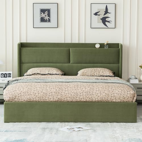 King Hydraulic Lift Storage Bed Frame，Upholstered Headboard，Green, view 5