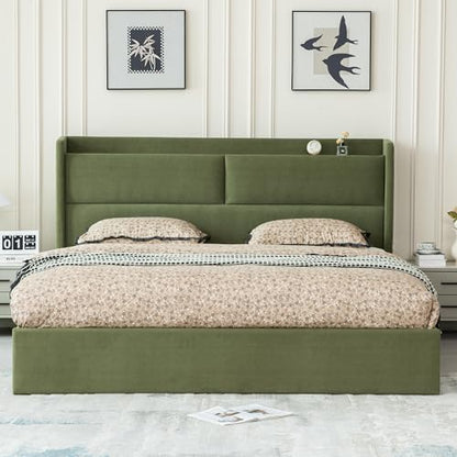 King Hydraulic Lift Storage Bed Frame，Upholstered Headboard，Green, view 5