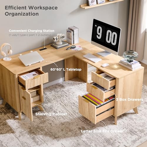 60'' Fluted Executive L Shaped Desk, Modern Home Office Desk with Charging Station and File Drawer, Computer Corner Desks with Drawers & Storage Cabinet for Office Home, Bedroom, Natural Oak