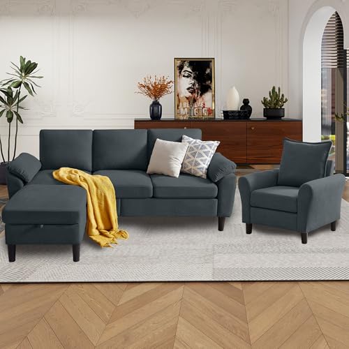 79" Convertible Sectional Sofa Set, Modern Linen Small L Shaped Couch with Reversible Ottoman and Accent Chair, 3-Seat Sofa Couches for Living Room, Office, Apartment, Dark Grey