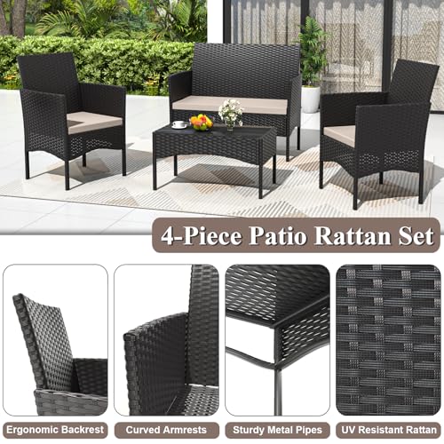 4 Piece Patio Rattan Conversation Set, Outdoor Rattan Chair Wicker Furniture Set, Couple Seats and Tempered Glass Table,Comfort Seat for Patio, Pool or Backyard