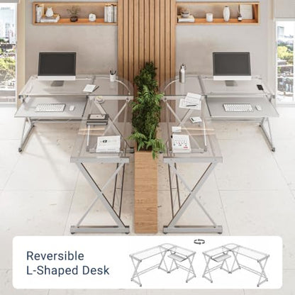 L Shaped Desk with Keyboard Tray & Tempered Glass Desktop, view 7