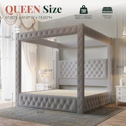 Queen Canopy Bed Frame Velvet Upholstered Headboard, Grey, view 3