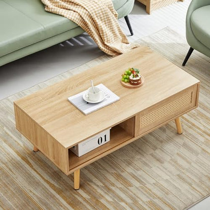 Rattan Coffee Table with Storage, Mid Century Modern Nature Wood | 41.3" Coffee Tables for Living Room, Wooden Coffee Table with Rectangle Top, Sliding Rattan Door, Solid Wood Legs