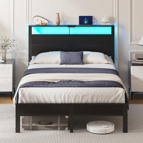 Full Size Metal Bed Frame with Storage Headboard, LED Lights, view 2