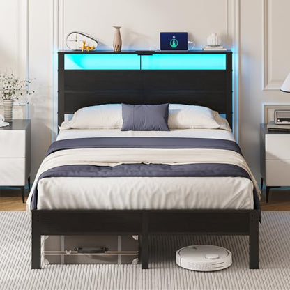 Full Size Metal Bed Frame with Storage Headboard, LED Lights, view 2