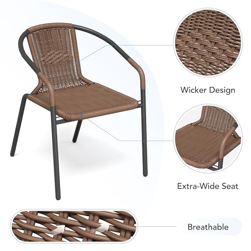 Rattan Patio Dining Chairs Set of 4, Wicker Stackable Outdoor Chairs with All Weather Curved Back & Metal Frame, for Indoor Restaurant Porch Deck, Brown