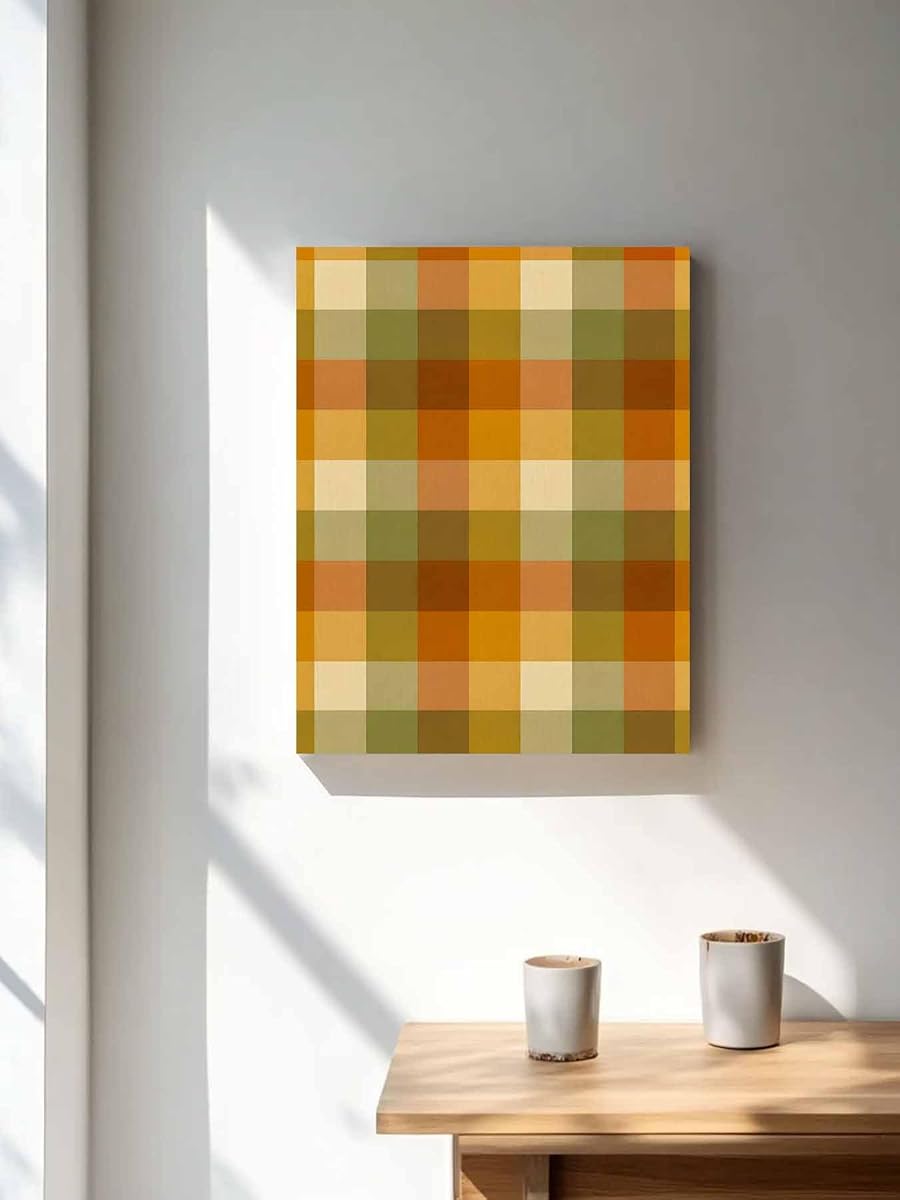 NuYeBiofx Fall Farmhouse Gingham Grid Canvas Wall Art Prints,48"x32" Framed Picture Artwork Vintage Boho Plaid Printed Canvas Oil Painting for Living Room Bedroom Office,Ready to Hang