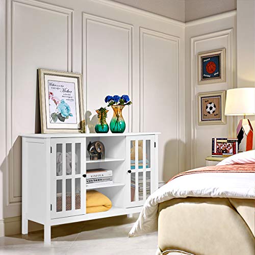 White TV Stand, Modern Tall Entertainment Center for TVs up to 50", Media Console w/2 Storage Cabinets & 3 Open Shelves, Wire Hole, Wood TV Console Table for Living Room, White