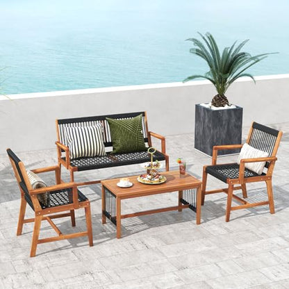 4 Pieces Patio Furniture Set Acacia Wood Conversation Set with Hand-Woven Rope Design, Ergonomic Loveseat & Single Chairs, Wooden Chair & Table Set for Porch Yard Poolside
