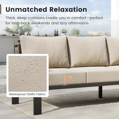 6 Piece Patio Furniture Set, Metal Outdoor Sectional Sofa with 6" Thick Olefin Cushions, Wide Armrest & Coffee Table, L Shaped Outdoor Furniture for Garden, Backyard Beige
