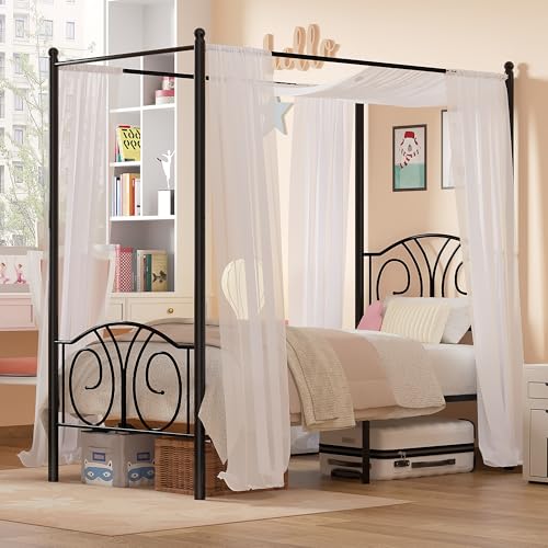 Twin Canopy Bed Frame, Vintage Scrollwork Headboard, Matte Black, view 6