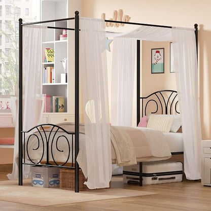 Twin Canopy Bed Frame, Vintage Scrollwork Headboard, Matte Black, view 6