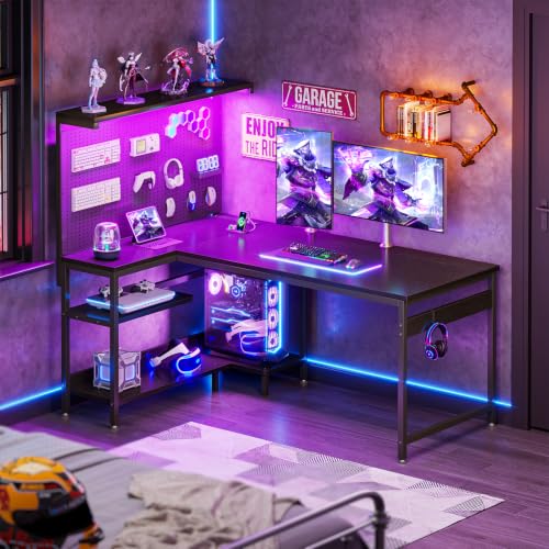 55" L Shaped Gaming Desk with Pegboard Hutch, LED Lights, Black, view 4